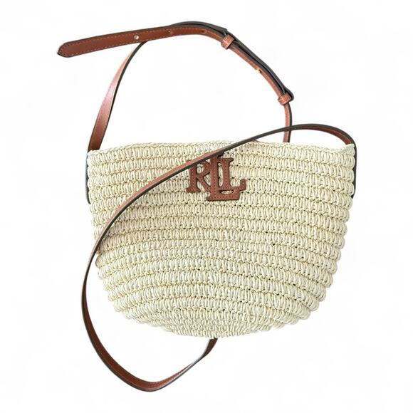 Lauren Ralph Lauren Leather Trim Straw Medium M Nicki Crossbody Bag Natural - Picture 1 of 9